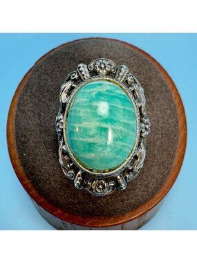 Amazonite Bezel Set Floral Border Statement Ring Sterling Silver 925 Size 5.5